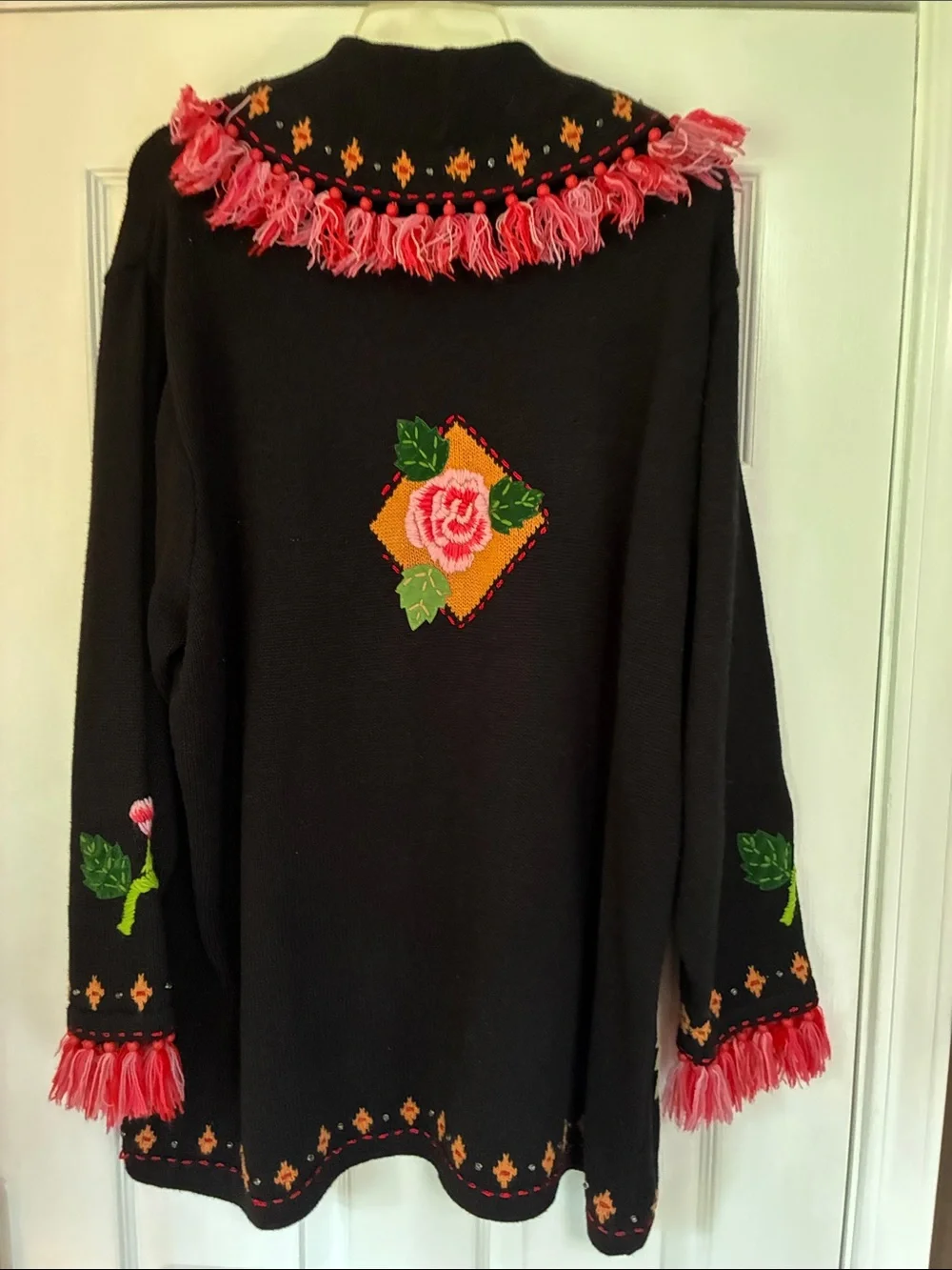 Storybook Knits Black Cardigan Sweater with Pink Rose Embroidery and Fringe 2X